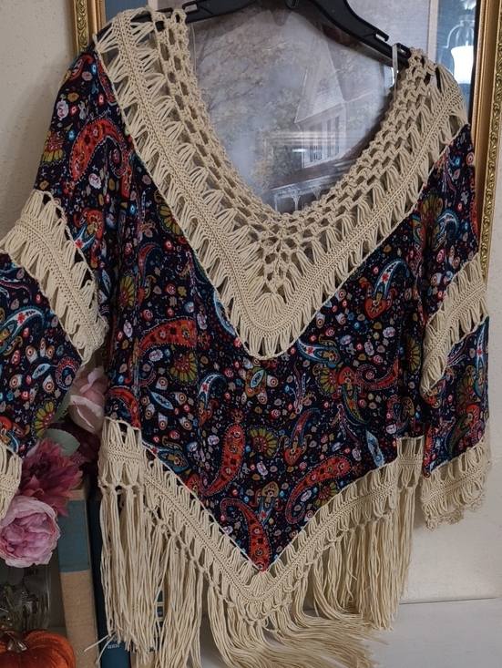 It'S Tops - Crochet-Trim Paisley Fringe Women's Boho Western Festival Xl Concert